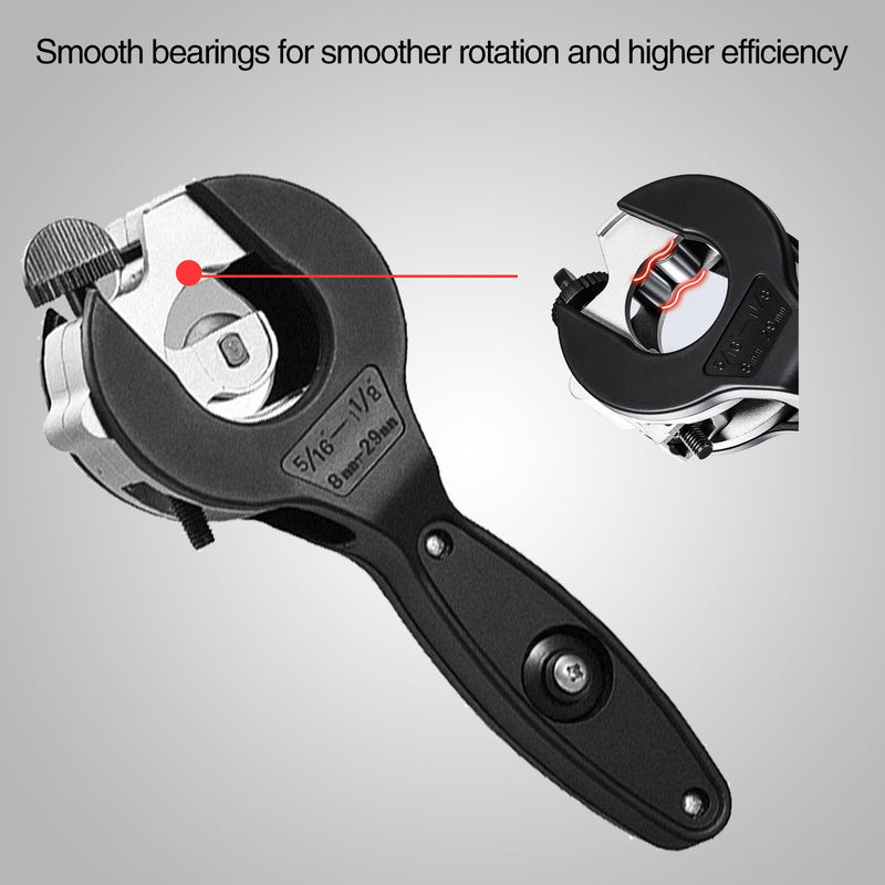 Ratchet pipe cutter 5/16"-1-1/8"| Compact 2-in-1 pipe cutter for narrow Spaces |PVC/Cu/plastic pipe cutter, equipped with ComfortGrip gloves + Pro deburring blade