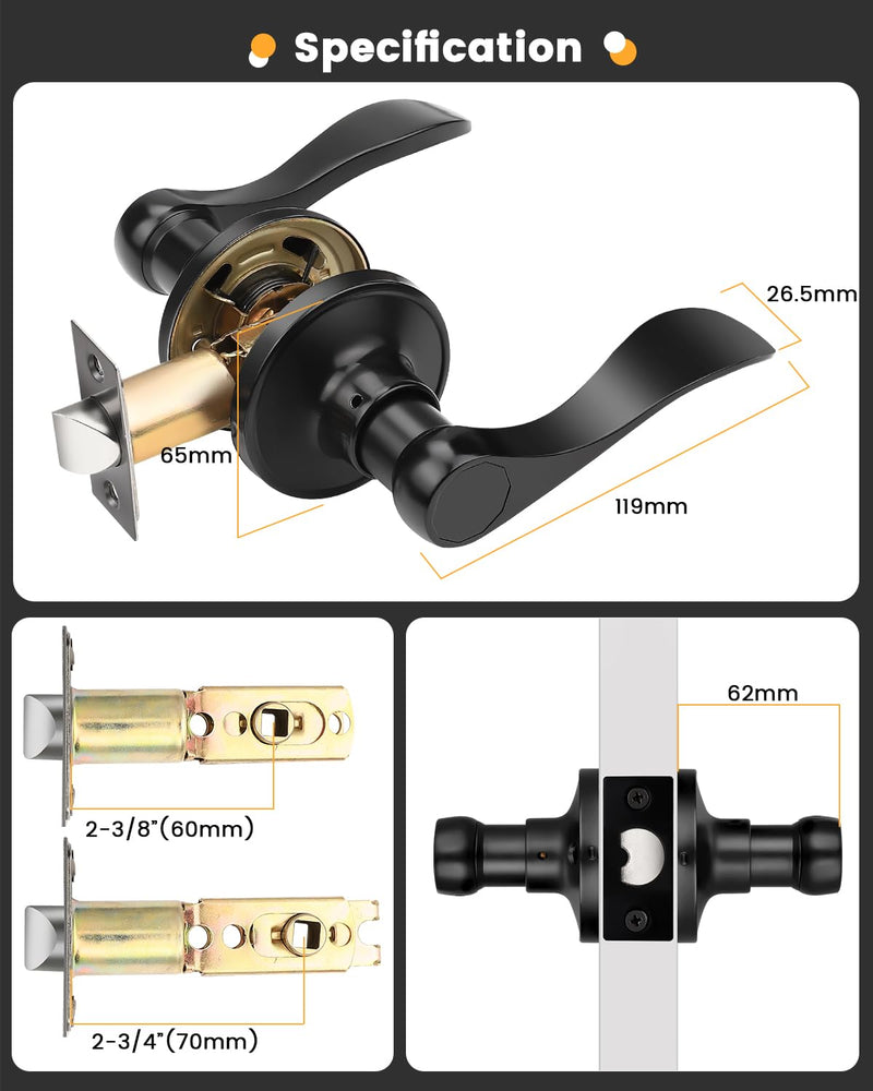 Gobrico 1 Pack Matte Black Passage Interior Door Lever Handles, Wave/Drop Style No Locking Reversible Door Knobs for Hallway Closet