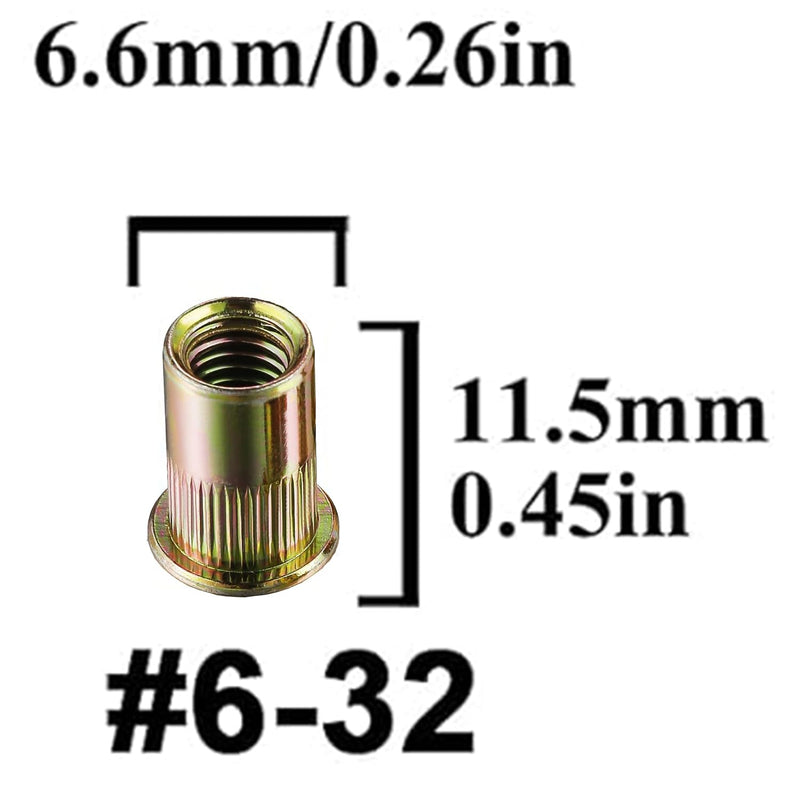 Rivet Nut #6-32 UNC 160Pcs Yellow Zinc Plated Finish Flat Head Rivnut Threaded Insert Nut Knurled Body (Yellow #6-32)
