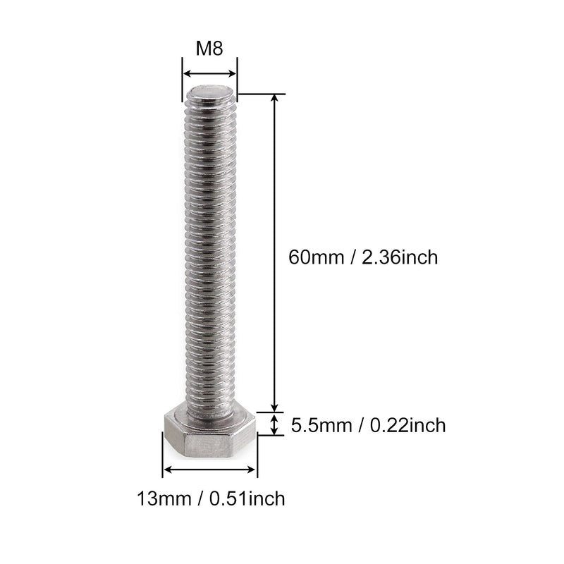 M8 Hex Head Bolt Screw, M8-1.25 x 60mm Stainless Steel 18-8 304 A2-70 Fully Threaded Hex Bolts 5pcs M8x60mm