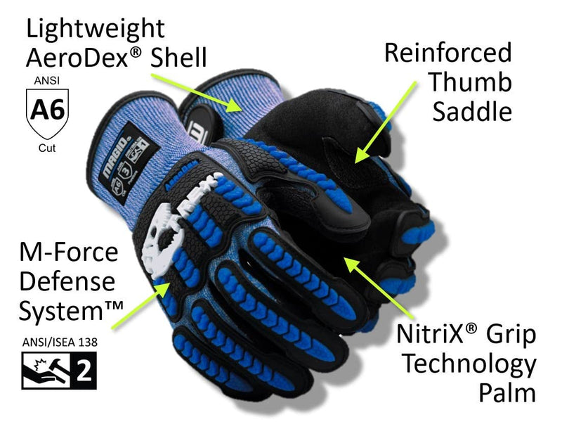 Magid Glove & Safety T-REX Flex Series ANSI A6 AeroDex Shell Impact Glove, 1 Pair, NitriX Coated Palm, Size 9/L, Blue, TRX685