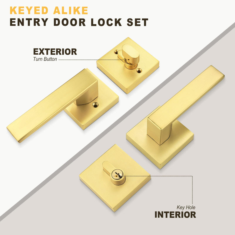 1 Pack Exterior Door Lockset with Deadbolt, Gold Passage Lever and Keyed Alike Single Cylinder Deadbolt, Reversible Square DoorHandleset for Bedroom, Front Door 1