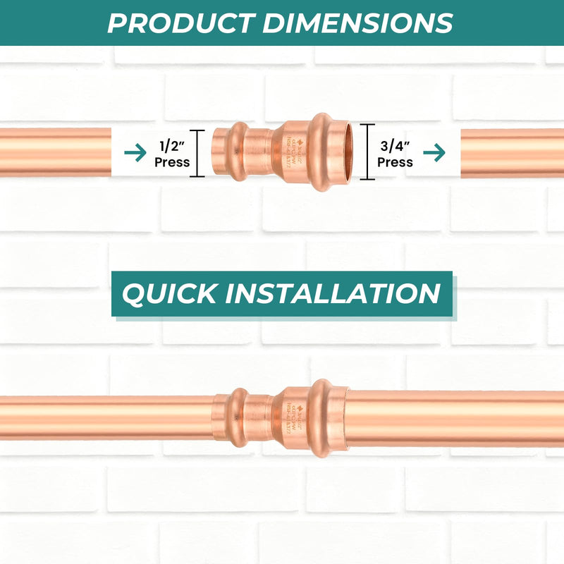 10-Pack Niikappu Copper Press Coupling 3/4" x 1/2", With Stop(PRESS015-10) 10 3/4" X 1/2"