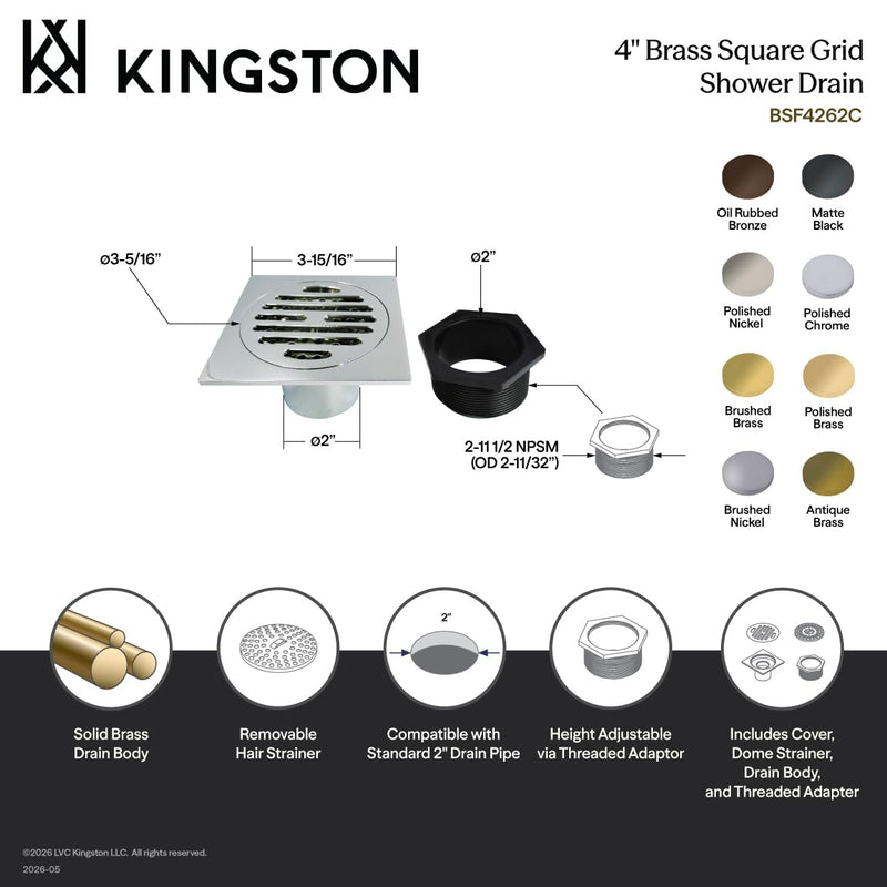 Kingston BSF4262BN 4" Brass Square Grid Shower Drain, Brushed Nickel