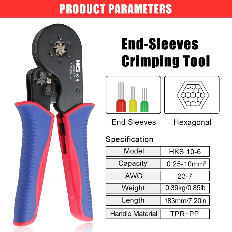 HKS Ferrule Crimping Tool AWG 23-7, Hexagonal Ratchet Self-Adjusting Crimper for End-Sleeve Terminals Crimper 10-6