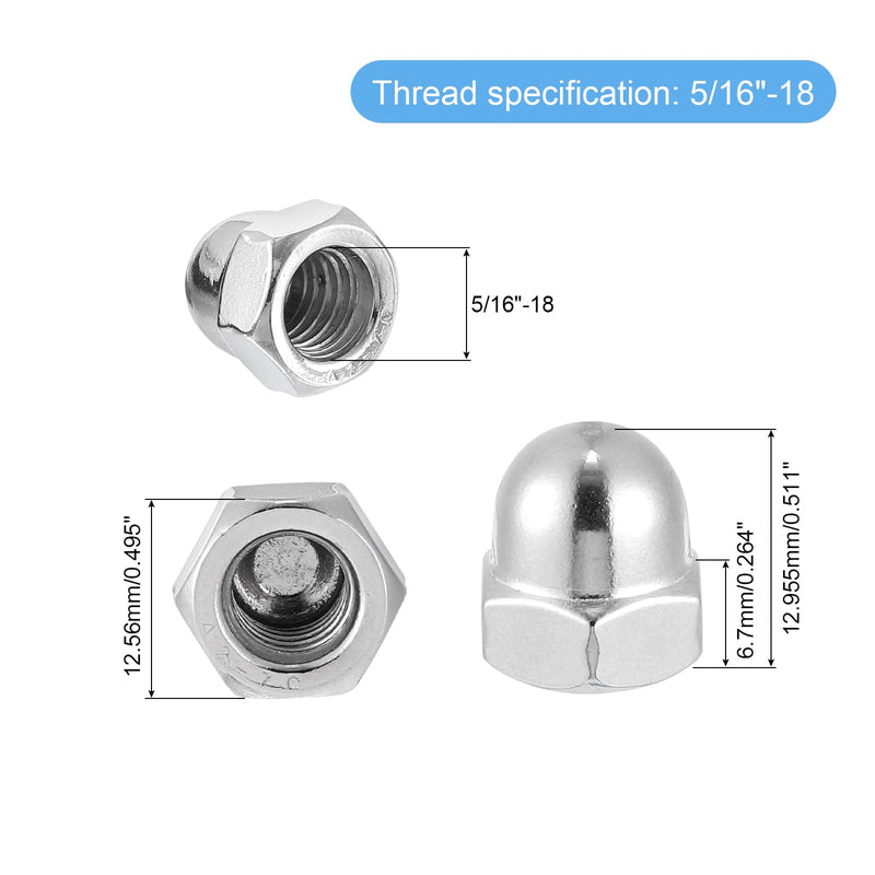 uxcell 5/16"-18 Acorn Cap Nuts, 20Pcs 304 Stainless Steel Dome Cap Head Acorn Nut Hardware Nuts for Bolt Cover, Silvery 20