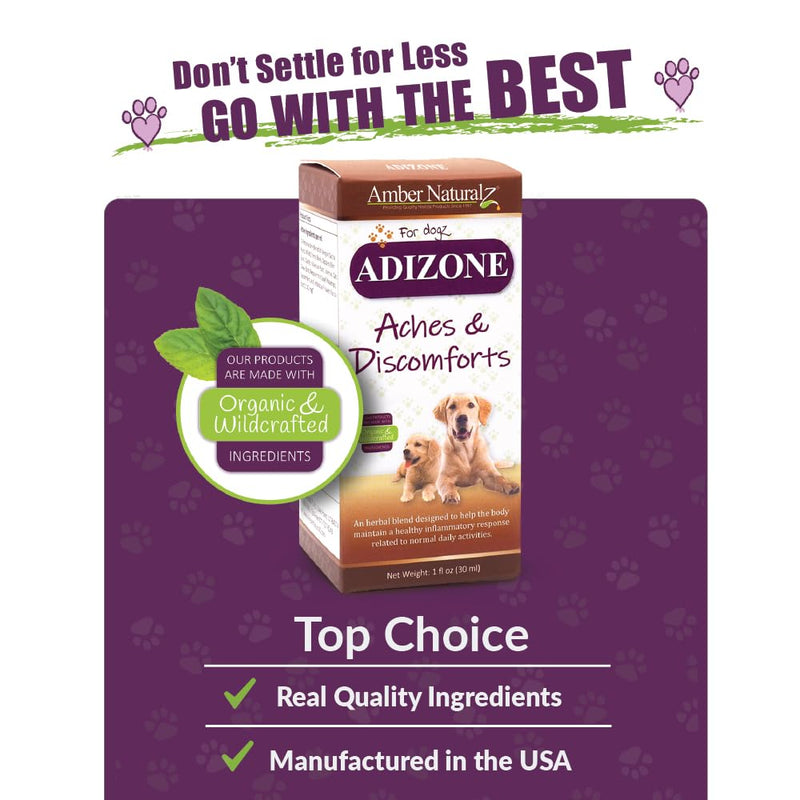 Amber NaturalZ Adizone Herbal Supplement for Dogs | Canine Herbal Supplement for Occasional Soreness, Stiffness, Aches and Discomfort | 1 Fluid Ounce Glass Bottle | Manufactured in The USA 1 Ounce - PawsPlanet Australia