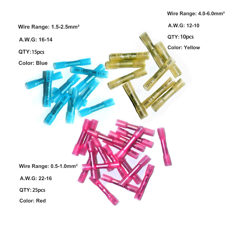 50 Pcs Heat Shrink Butt Connectors Kit,Heat Shrink Wire Connectors,Waterproof Insulated Marine Automotive Crimp Terminals Butt Splice Connectors for Marine Automotive Motorcycle Truck Electrical [ Mixing 22-10AWG ] 50PCS