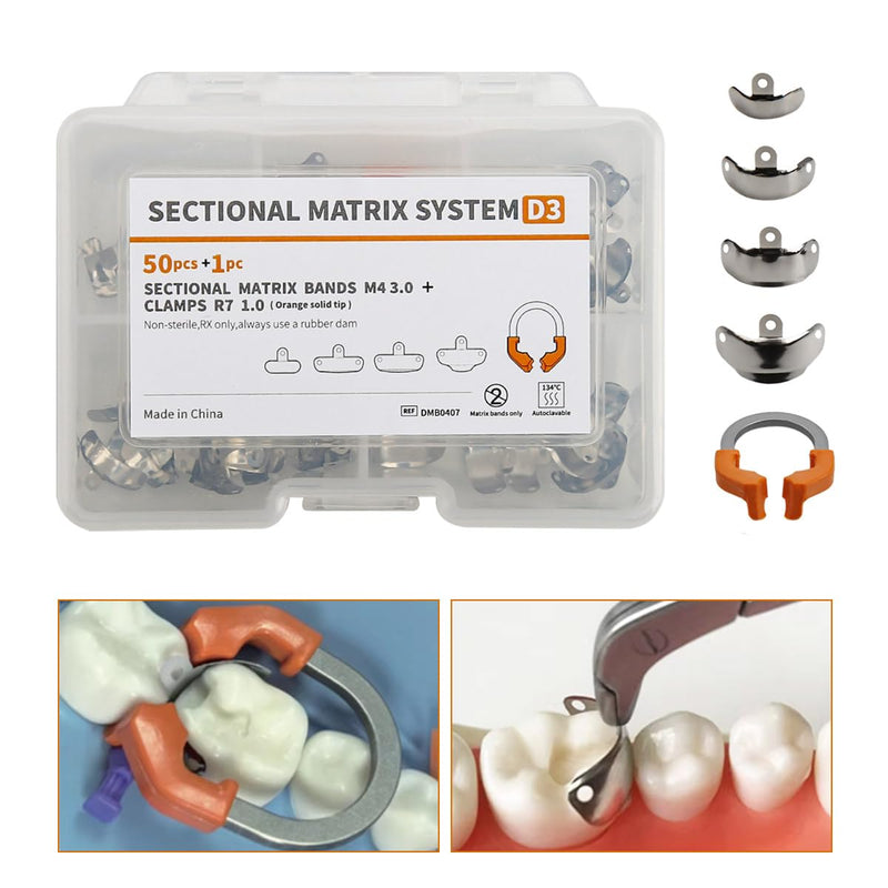 Dental Sectional Matrix System D3 Tooth Interproximal Sectional Contoured Metal Matrices Refill Matrix M4 3.0+Clamps R7 1.0（50Pcs+1Pcs）