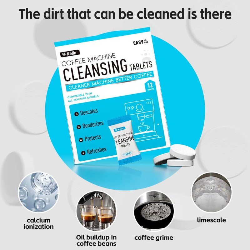Y-Kelin Coffee Maker Cleaner And Descaler Tablets - 12Count Descaling & Cleaning Solution for Coffee Makers, Pot, Espresso Machines Removes Stains & Oils