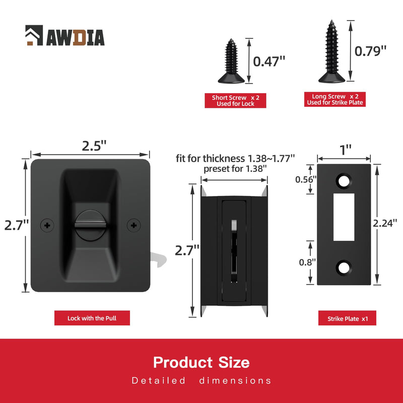 Matte Black Pocket Door Lock, 3-Pack Privacy Pocket Door Hardware, Pocket Door Handles, Pocket Door Lock Latch with Pull, 2-3/4’’x2-1/2’’, for 1.38’’-1.77’’ Thickness Door