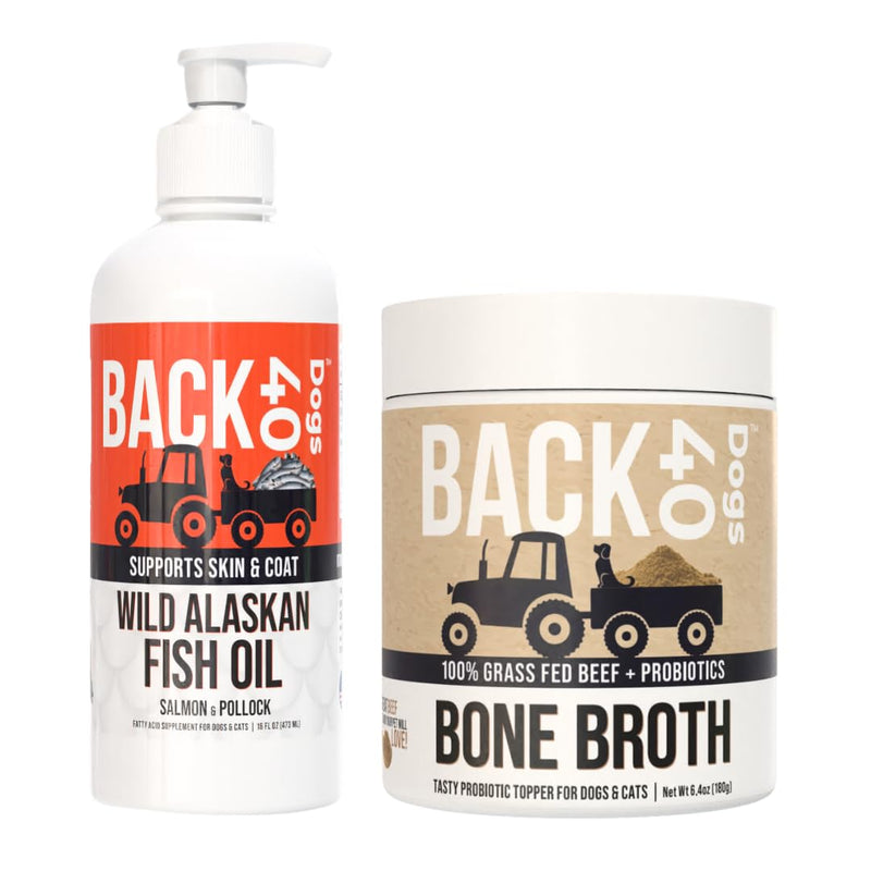 Back40Dog Fish Oil & Bone Broth Bundle – Wild Alaskan Salmon & Pollock Oil 16 fl oz & Grass-Fed Beef Bone Broth Powder 6.4 oz – Skin, Coat, Joint & Digestive Support