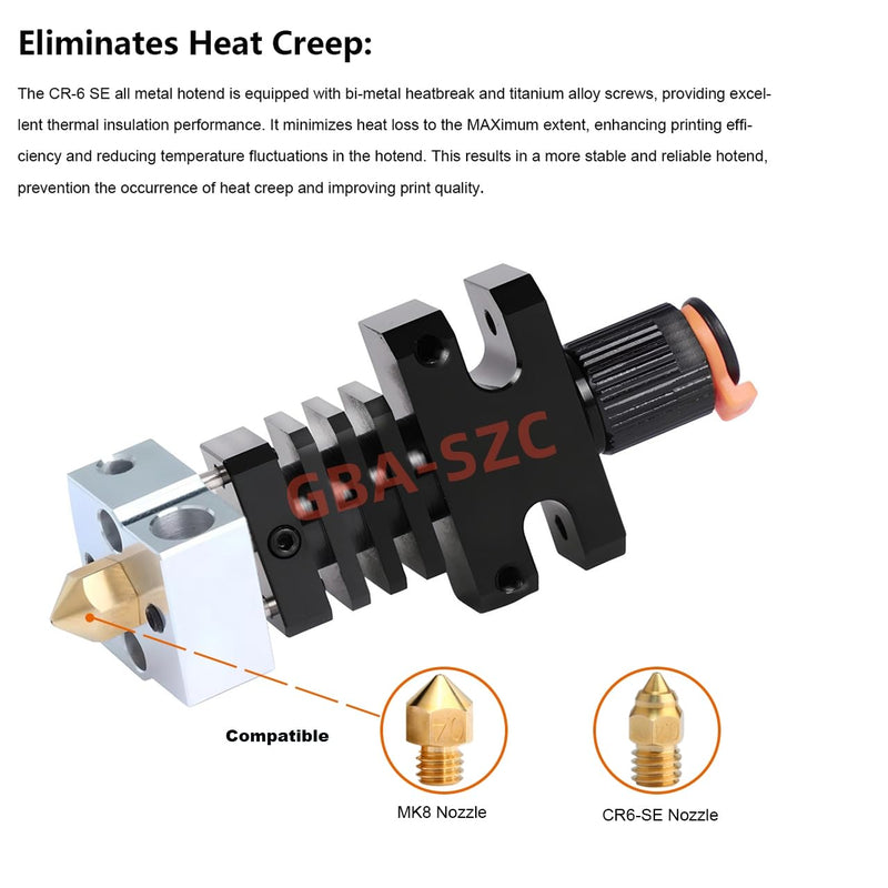 CR-6 SE All Metal Hotend Kit for CR6 SE,CR-6 SE MAX 3D Printer Hotend,Upgrade Bi-Metal Heatbreak,Heater Block Aluminum,MK8 Brass Nozzle 0.4mm.(Type1) CR6 SE Hotend Brass Nozzle Kit