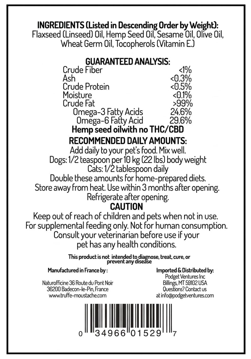 Truffe & Moustache Harmonie Age d'Or | Senior Oil Supplement for Dogs & Cats | Hemp Seed, Sesame & Wheat Germ Oil | Made in France | 6.76 fl oz (200ml)