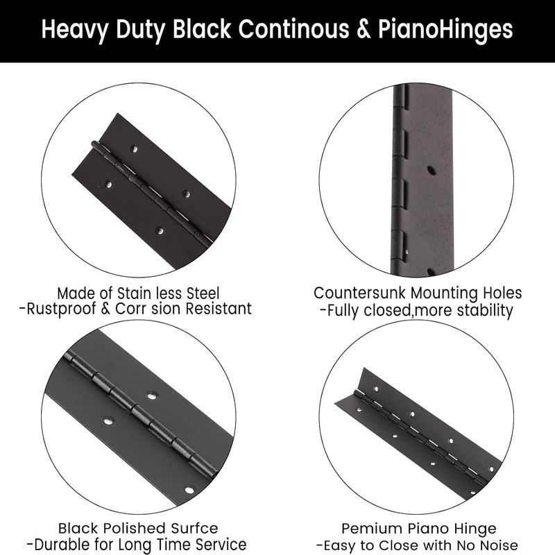 10-Inch Black Continuous & Piano Hinges - 2 PCS Heavy Duty Stainless Steel Butt Hinges with Hole - 0.05" Thickness, 2" Open Width - Ideal for Folding Cabinet Doors