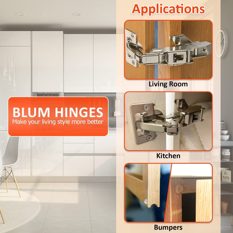Blum 170 Degree (B71T655) Cabinet Hinges Bundle – Pack of 2 Full Overlay Self Close Door Face Frame Nickel Hinges with Bumpers & 8 Screws Lazy Susan Corner Cabinet Hinges Concealed European Hinges