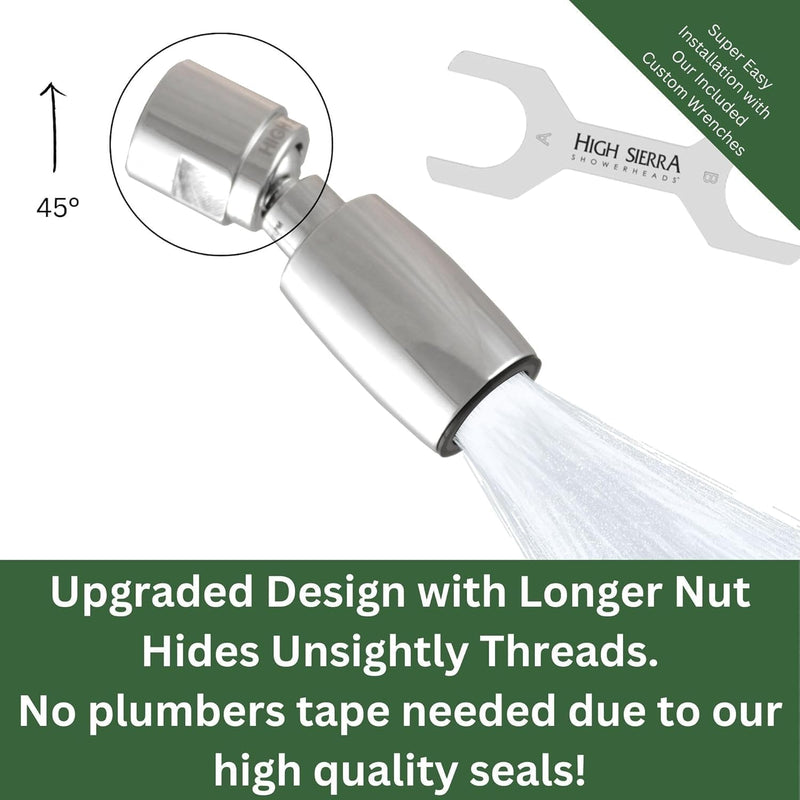 High Sierra® Classic™ Solid Metal 1.8 GPM Award Winning, Low Flow Shower Head. Patented Nozzle Never Clogs. Long Nut Hides Shower Arm Threads. Brushed Nickel Finish