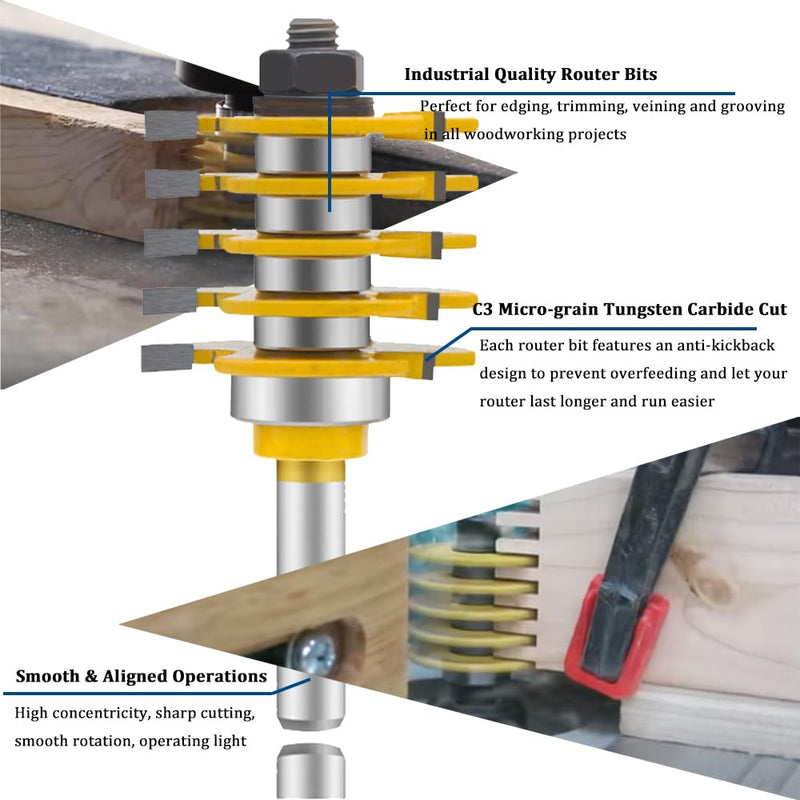 OLETBE Router Bit Set 3 PCS 1/2-Inch Shank Round Over Panel Cabinet Door Rail and Stile Router Bits Sets Woodworking Wood Cutter Woodwork Carbide Groove Tongue Milling Tool(PN-D)