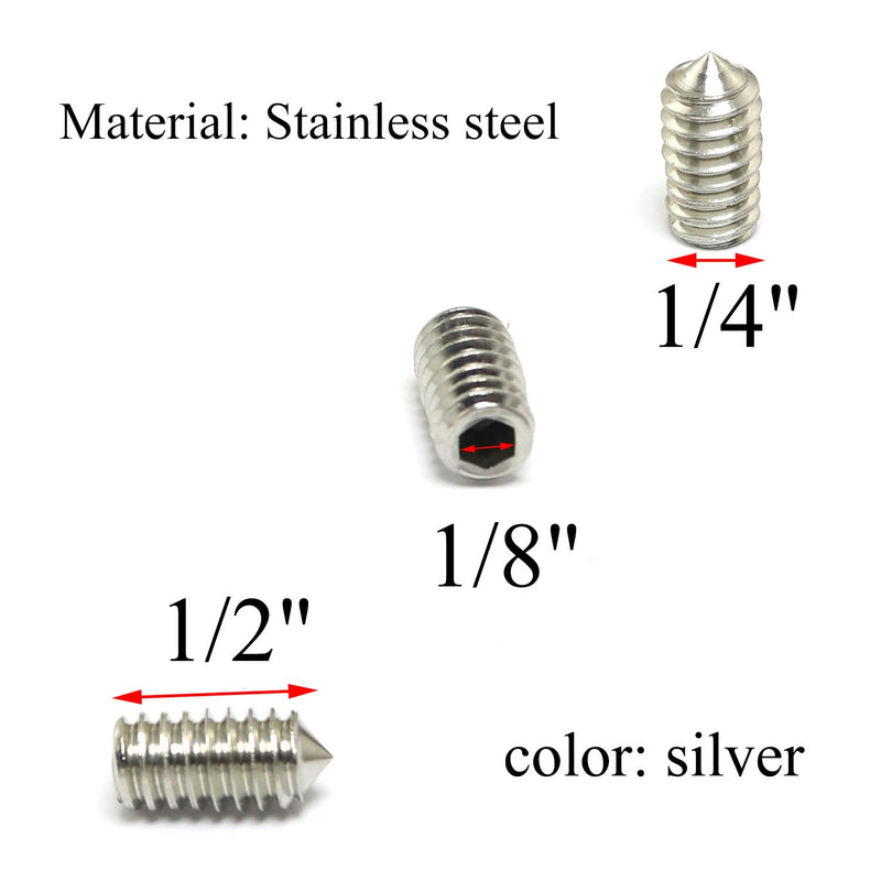 20pcs 1/4-20x1/2" Hexagon Hex Socket Set Grub Screws 304 Stainless Steel Full Thread Cone Point Grub Screw