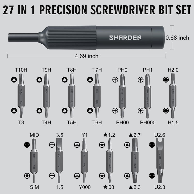 Sharden 27-in-1 Precision Screwdriver Set Multi Bit Small Screwdriver Magnetic Mini Screwdriver Set Pen Style Manual Repair Tool Kit for Eyeglass, Watch, Computer, Jewelers, Laptop, Electronics, Phone Grey