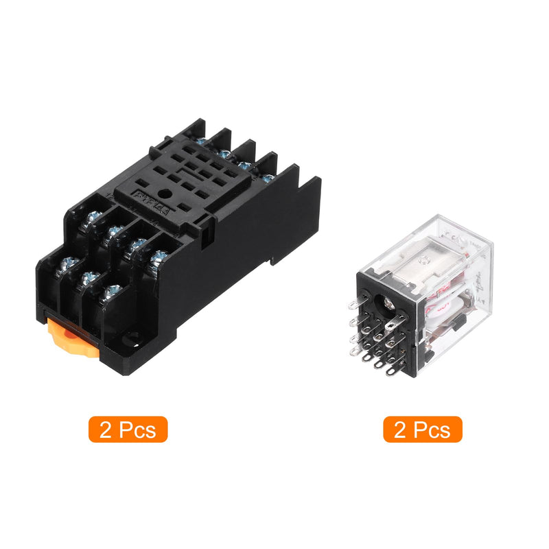 MECCANIXITY 2Pcs AC 24V Electromagnetic Power Relay, 14-Pin 3A Power Coil Relay with LED Indicator and Socket Base DPDT 4NO 4NC - MY4NJ for Industrial, Home Appliances and DIN Rail System 4NO-4NC AC24V