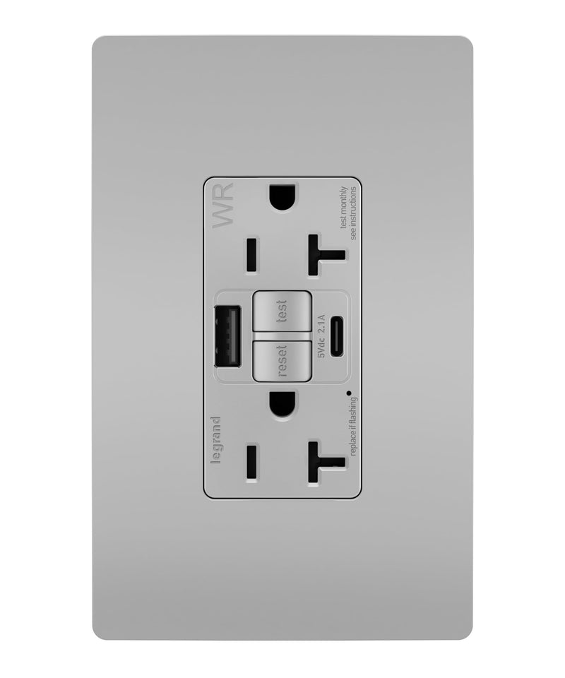 Legrand Pass & Seymour Radiant 20 Amp Hospital-Grade GFCI Wall Power Outlet with 2.0 Amp USB Charger, Gray