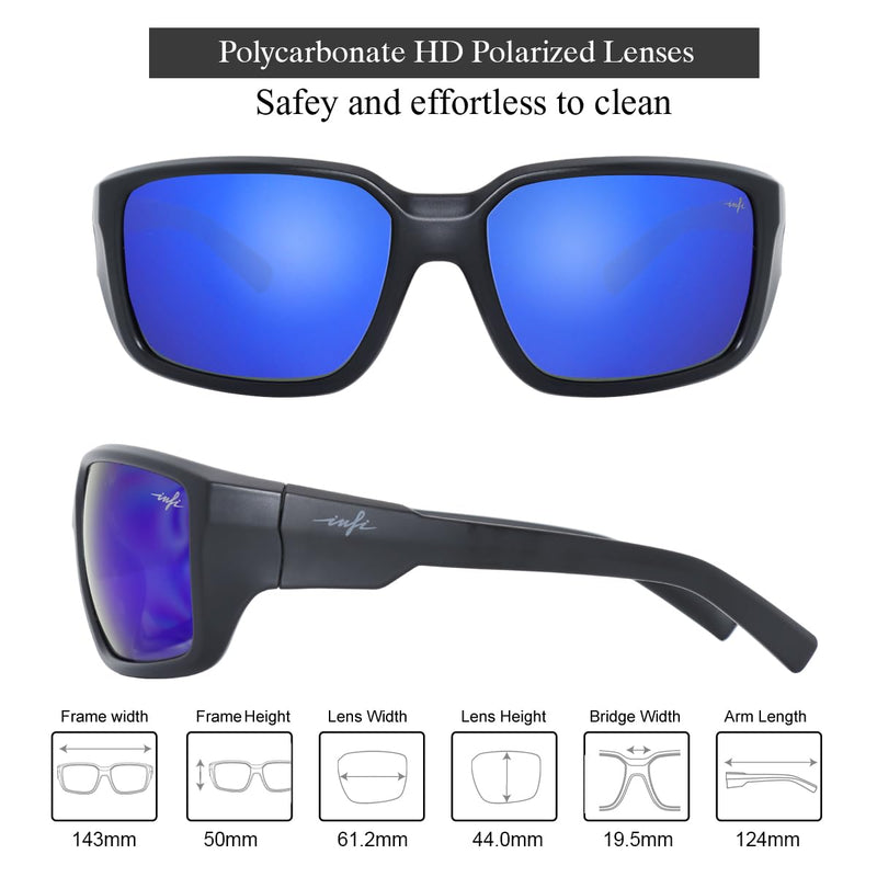 INFI Fishing Sunglasses Men Women Polarized Polycarbonate Lens Safety Protection Black Glasses Driving Golf Running Sports Matte Black / Blue Mirror Lens