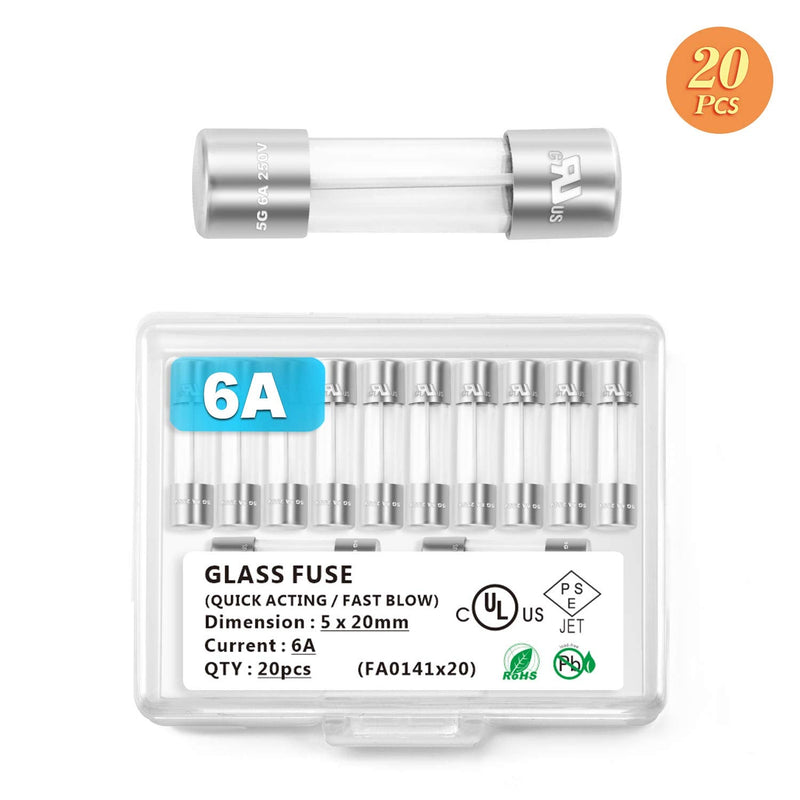 Chanzon(Pack of 20Pcs) UL Listed 5x20mm 6A 250V/125V 6 Amp Glass Fuses Fast Blow Cartridge Tube Fuse F6A 125 V / 250 V 5x20mm without lead