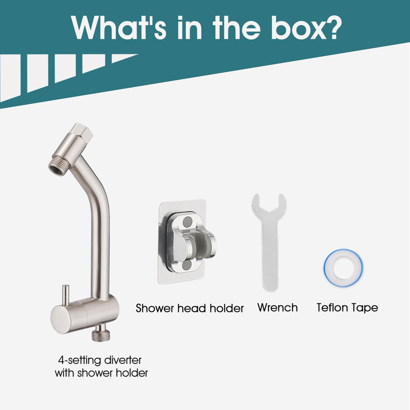 PDPBath Brass Shower Arm Diverter with Adhesive Handheld Holder for Easy Reach, Upgrade Low 3-Way Diverter with Pause Setting, G1/2 Universal Connection - Brushed Nickel