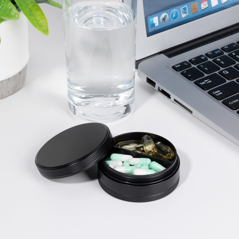 2 Compartment Metal Pill Box - Waterproof Aluminium Travel Pill Case Daily Purse Pocket Medicine Container, Portable Pill Organizer Holder for Medication, Vitamins, Fish Oils Black 2 compartment
