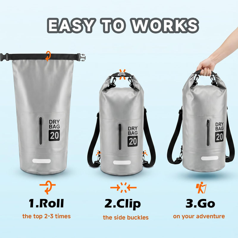 Waterproof Dry Bag Backpack 20L, Roll Top Floating Waterproof Backpack for Kayaking, Rafting, Boating, Lightweight Dry Sack Backpack for Hiking, Camping, Beach & Travel Gray 20.0 liters