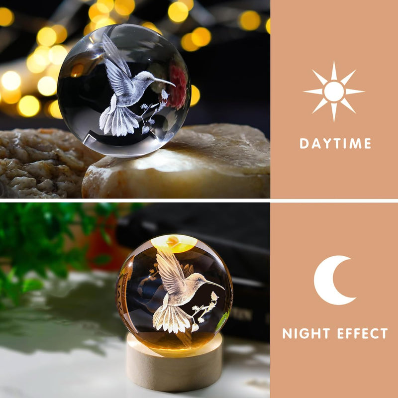 3D Laser Engraved Bird Crystal Ball with LED Stand, 60mm Hummingbird Figurine Lamp Night Light, Glass Hummingbird Globe Paperweight Gift Clear_bird