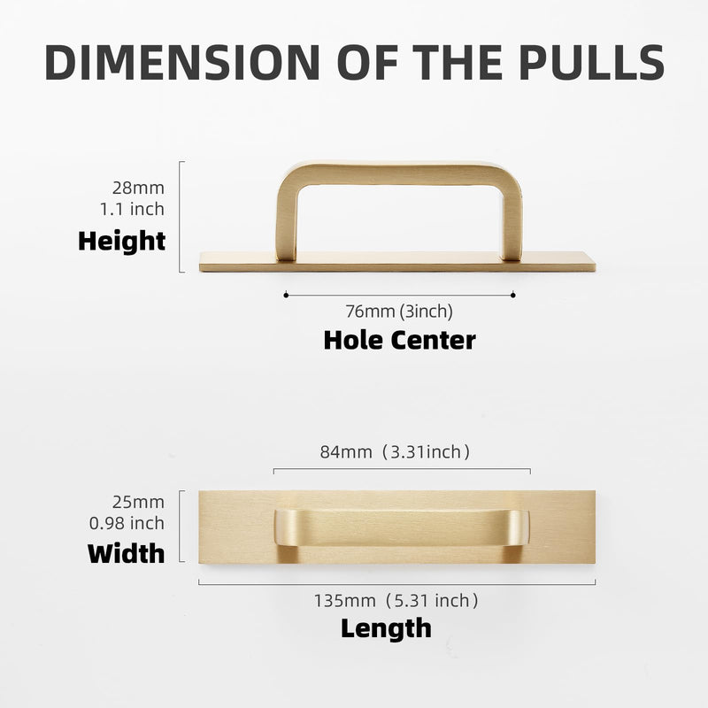 Solid Brass Cabinet Pull with Backplate, 2 Pack Brushed Gold Modern Drawer Handle for Cabinets Drawers and Wardrobes（2, Brushed Gold, 3 Inch(76mm) Hole Centers