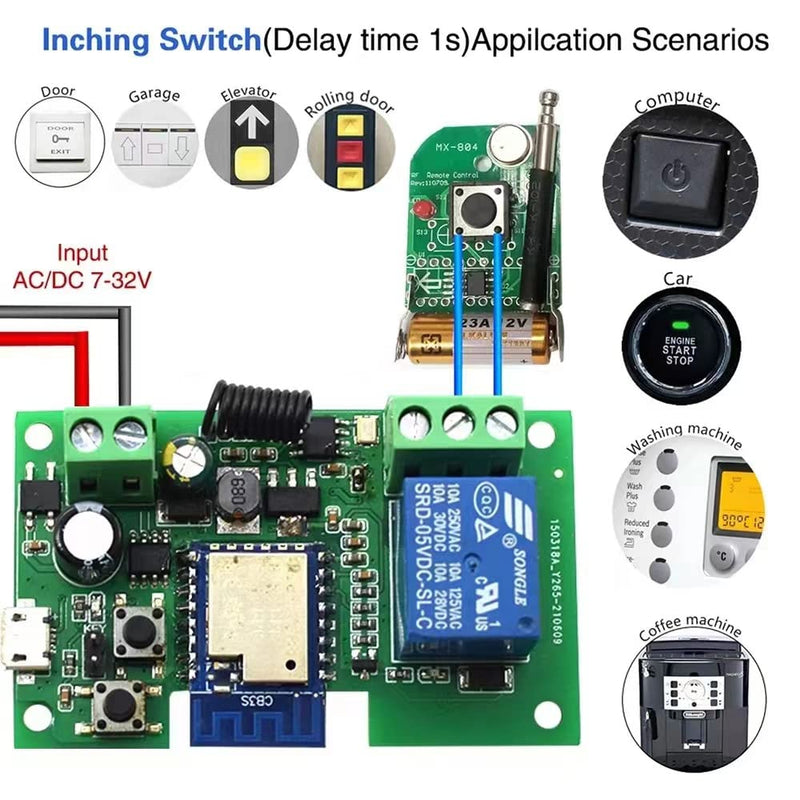 Tuya Smart Life WiFi Momentary Inching Relay Self-Locking Switch Module,DC 7-32V/USB 5V WiFi RF Bluetooth Relay,DIY Smart Home,Compatible with Alexa Goolge Home(1CH Smart Life)