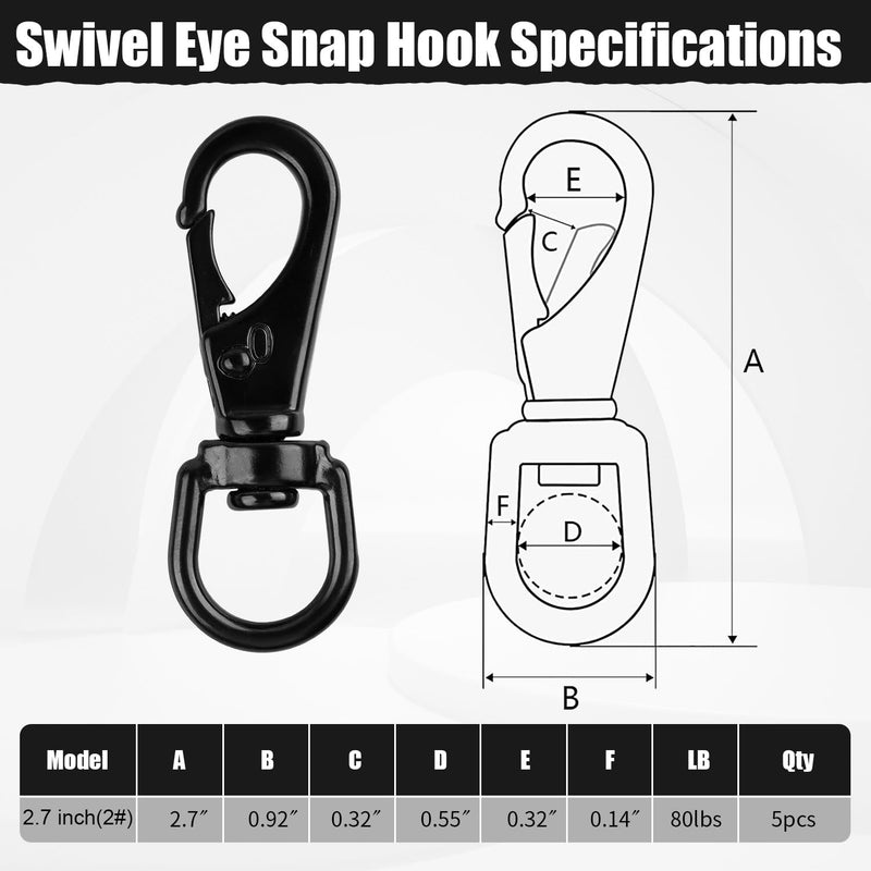 Stainless Steel Swivel Eye Snap Hook, 5 Pack (2.7 Inch) Heavy Duty Flag Clips for Flagpole Rope, Diving Clips Spring Hooks for Bird Feeders, Pet Chains, Dog Tie-Out Cable, Keychains 2.7-Inch