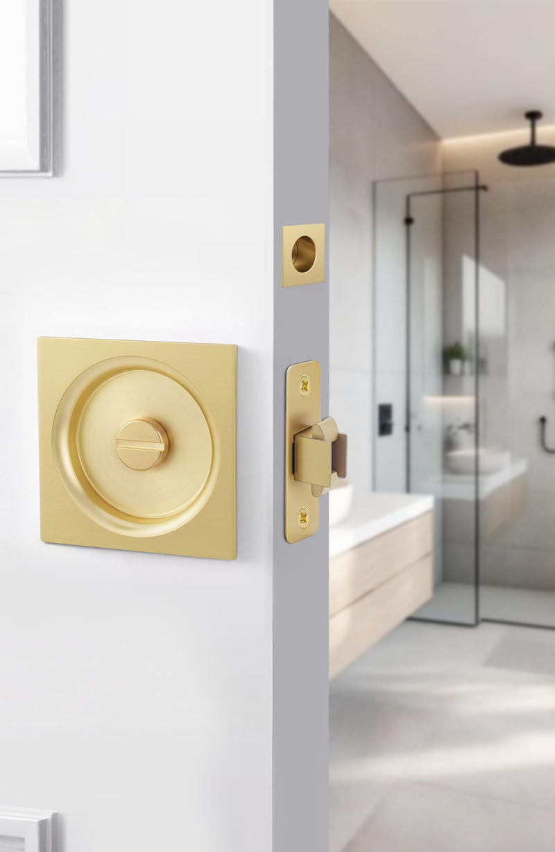 goldenwarm Brushed Gold Pocket Door Lock with Pull, Square Pocket Door Hardware 2-3/8" Backset, Gold Pocket Door Handles 1 Pack 2-3/8” Latch