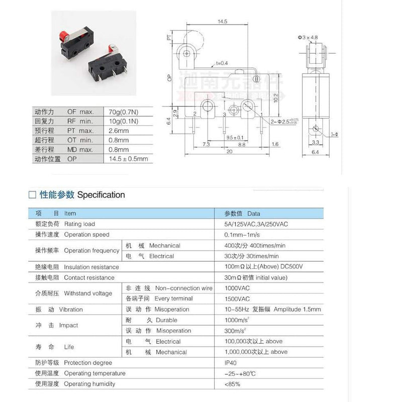 HiLetgo 10pcs Micro Limit Switch KW12-3 AC 250V 5A SPDT 1NO 1NC Micro Switch Normally Open Close Limit Switch with Roller Lever Arm Black