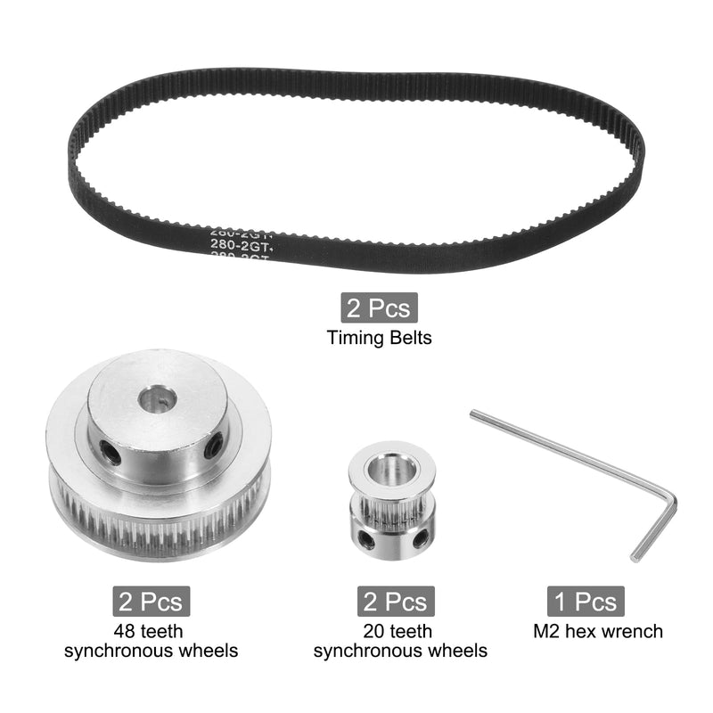 uxcell 2 Set GT-2 Synchronous Wheel 20&48 Teeth 6.35mm Bore, Aluminum Alloy Timing Pulley Wheel with 2Pcs Length 200mm Width 6mm Belt for 3D Printer, CNC Machine (20-48T-6.35B-6)