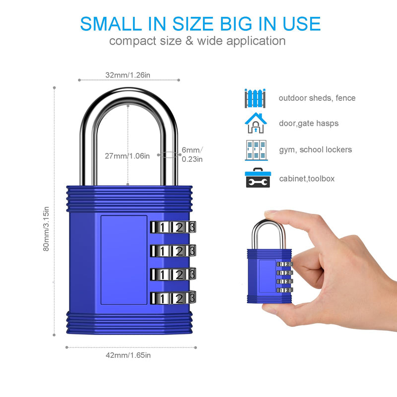 ZHEGE Combination Lock, 4 Digit Outdoor Waterproof Padlock for School Gym Locker, Fence, Gate, Toolbox (Blue) 1P, Blue