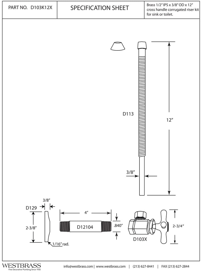 Westbrass D103K12X-26 1/2" IPS" x 3/8" OD x 12" Corrugated Riser Supply Line Kit with Cross Handle Angle Supply Shut Off Valve for Faucet and Toilet, Polished Chrome