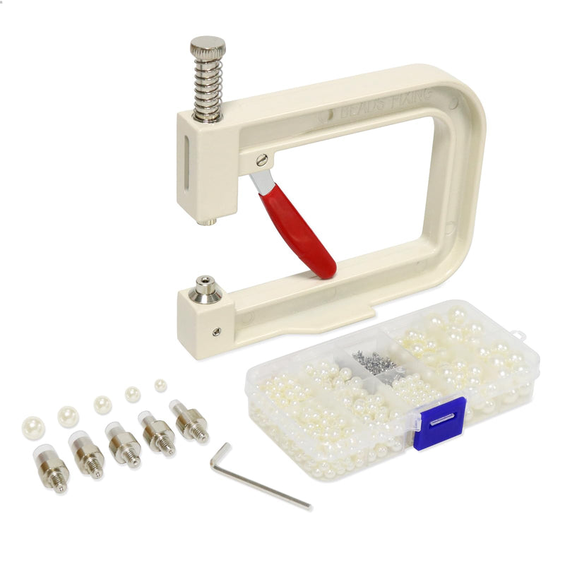 Troyune Pearl Setting Machine, Pearl Hand Press Tools with White Pearl Beads, Rivet Studs and L Hexagon Wrench for Decorating Clothes, Dresses, Bag, Hair Band or DIY Crafts