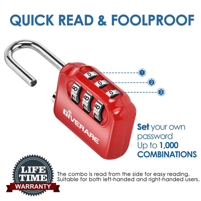 GIVERARE 2 Pack Combination Lock, 3-Digit Padlock Keyless, Resettable Luggage Locks for Backpack, Gym & School&Employee Locker,Weatherproof Travel Lock for Fence, Backyard Gate, Hasp, Case-Blue+Red