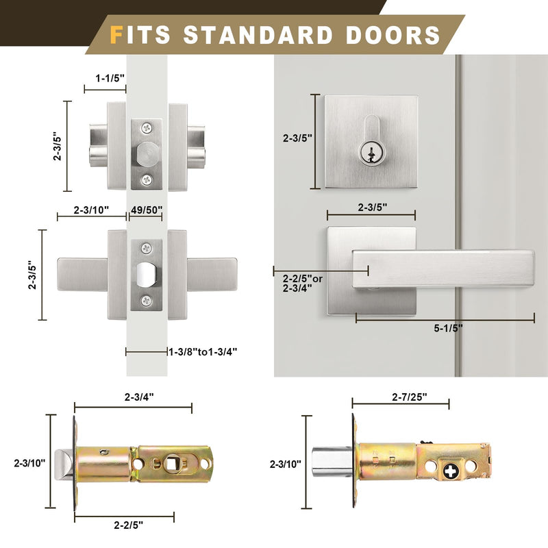 1 Pack Exterior Door Lockset with Deadbolt, Satin Nickel Passage Lever and Keyed Alike Double Cylinder Deadbolt, Reversible Square DoorHandleset for Bedroom, Front Door 1