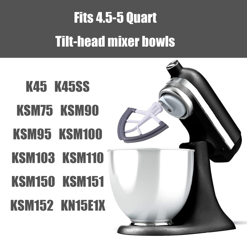 Flex Edge Beater,Mixer Accessory,Attachments For Mixer,Fits Tilt-Head Stand Mixer Bowls For 4.5-5 Quart Bowls,Beater With Silicone Edges,White Grey