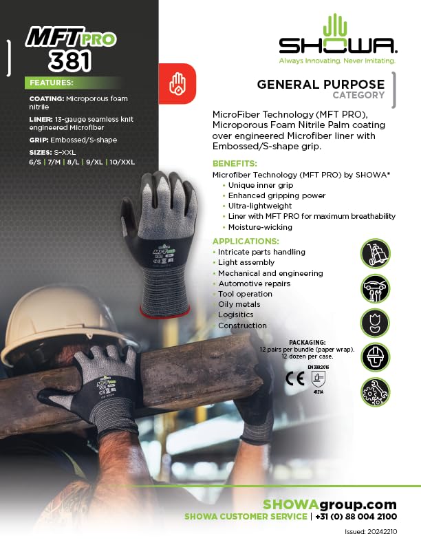 SHOWA MFT PRO 381 Foam Nitrile Palm Coated General Purpose Work Glove with Microfiber Liner Bulk Pack (12 Pair) Large
