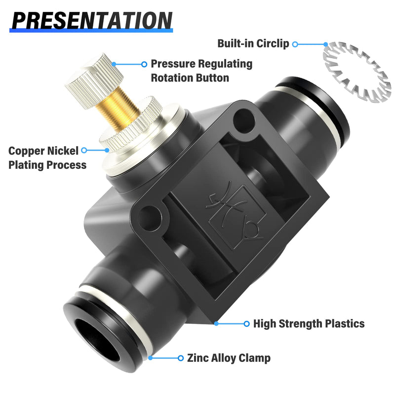 TAILONZ PNEUMATIC 8mm Tube OD Air Flow Control Valve with Push-to-Connect Fitting, in-Line Speed Controller Union Straight SCF-8 (Pack of 5)