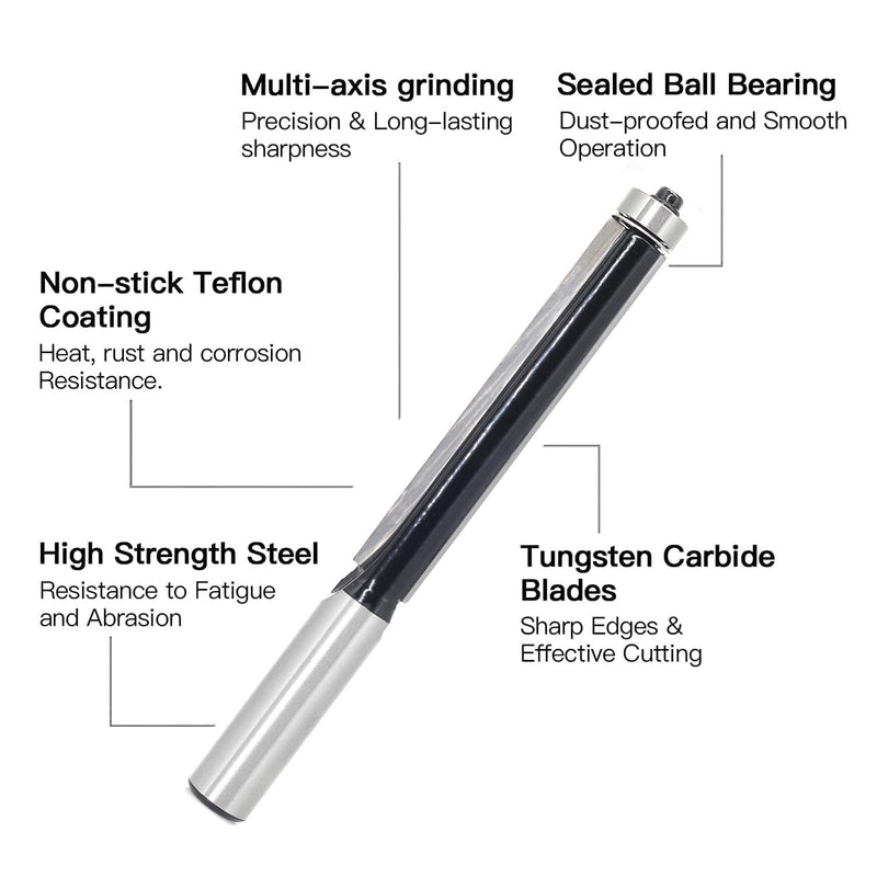 Extra Long Flush Trim Router Bit 1/2 Shank, 3-Inch Height X 1/2-Inch Diameter, Carbide Tipped, Top Bearing Template Flush Cut Trim Router Bit, for Woodworking Trimming Extra Long Trim Bit 3-Inch