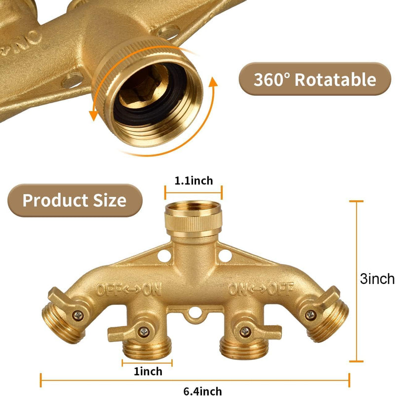 Will never break NPT3/4 Copper Four Outlet Faucet Diverter Valve 4 Way Heavy Duty Brass Garden Hose Splitter, Hose Connector 3/4", Hose Spigot Adapter with 4 Valves (4 Way)
