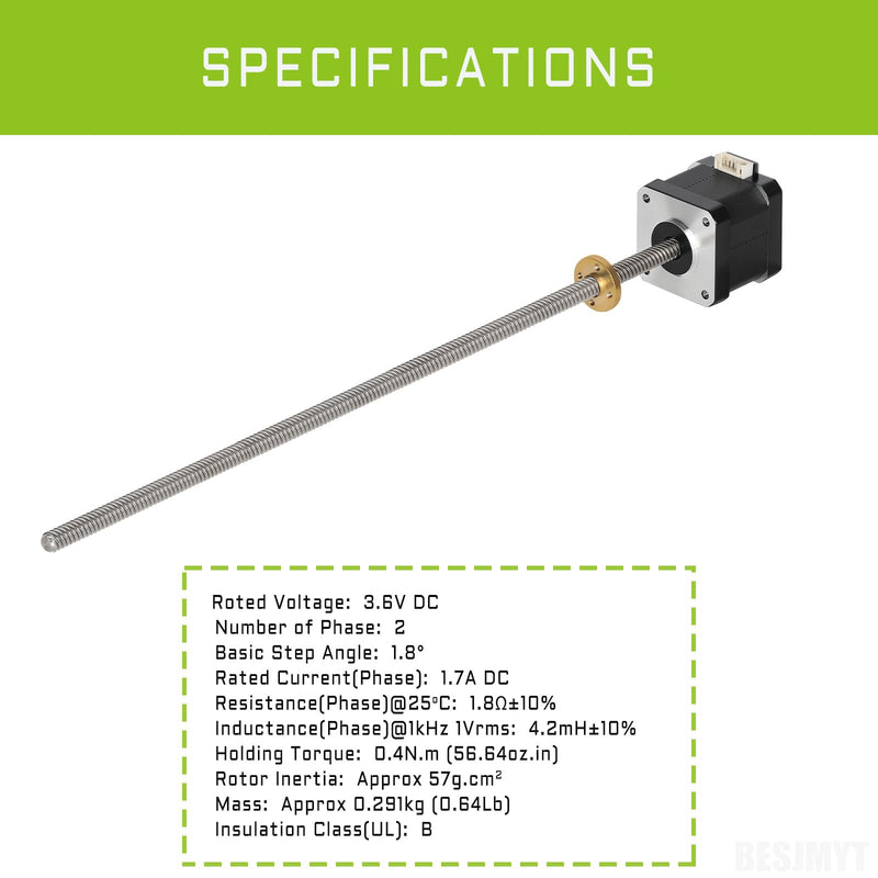Nema 17 Stepper Motor Integrated 11.81in(300mm) T8 Lead Screw Standard Step Angle 1.7A 0.4Nm(56.64oz.in) Bipolar High Torque 42x40 Motor 2 Phase 4 Lead for 3D Printer DIY CNC with 1m Cable 1.66x1.66x1.58in - 11.82in