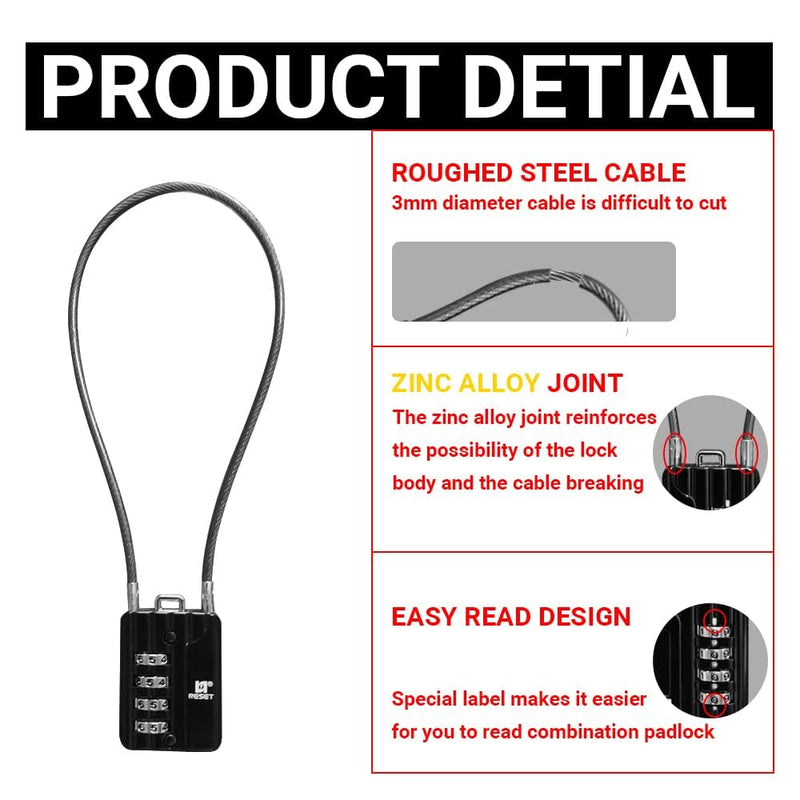 RESET-200 4 Digit Combination Padlock with 12 inches Steel Cable,Cable Lock for Locker Luggage Suitcase Gun Case Toolbox Helmet Black,2 Pack 2 30cm(12 inch Cable)